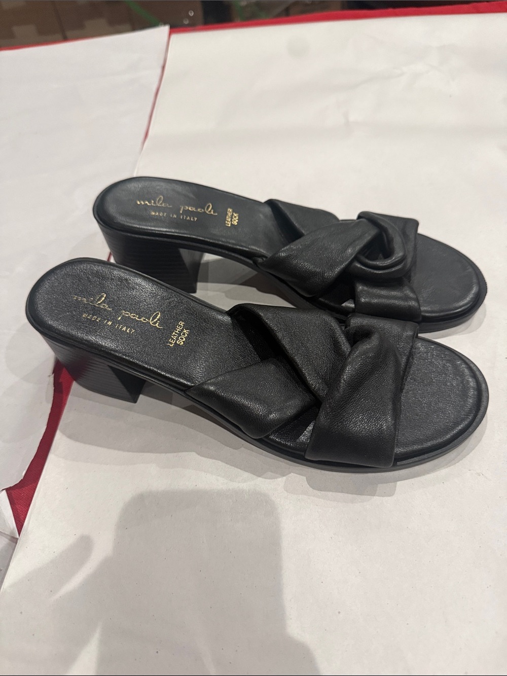 Mila Paoli Black Leather Knot Slide sandals